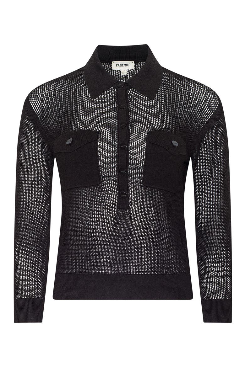 Carine Pointelle Polo Sweater, Alternate, color, COFFEE BEAN