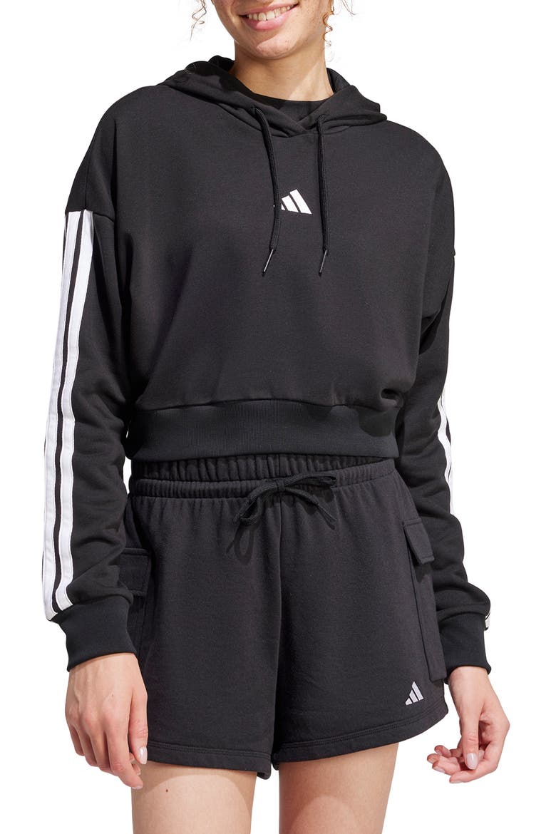 3-Stripes French Terry Crop Hoodie, Main, color, BLACK/ WHITE