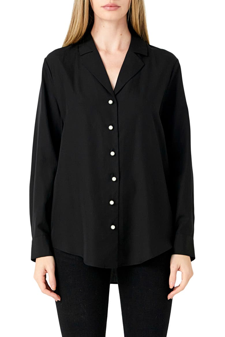 Notched Lapel Long Sleeve Button-Up Shirt, Main, color, BLACK