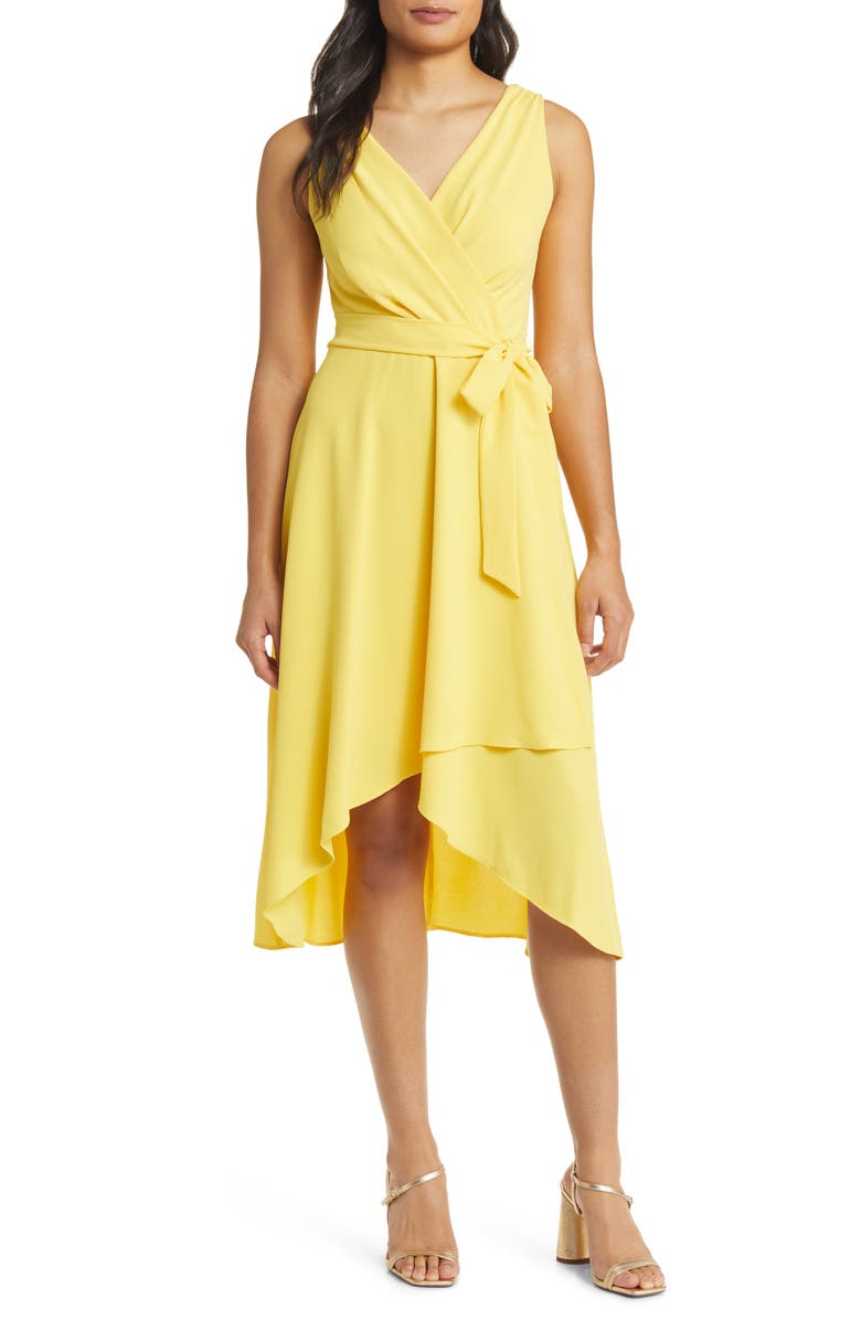 Connected Apparel Tie Belt Faux Wrap High-Low Dress, Main, color, Yellow