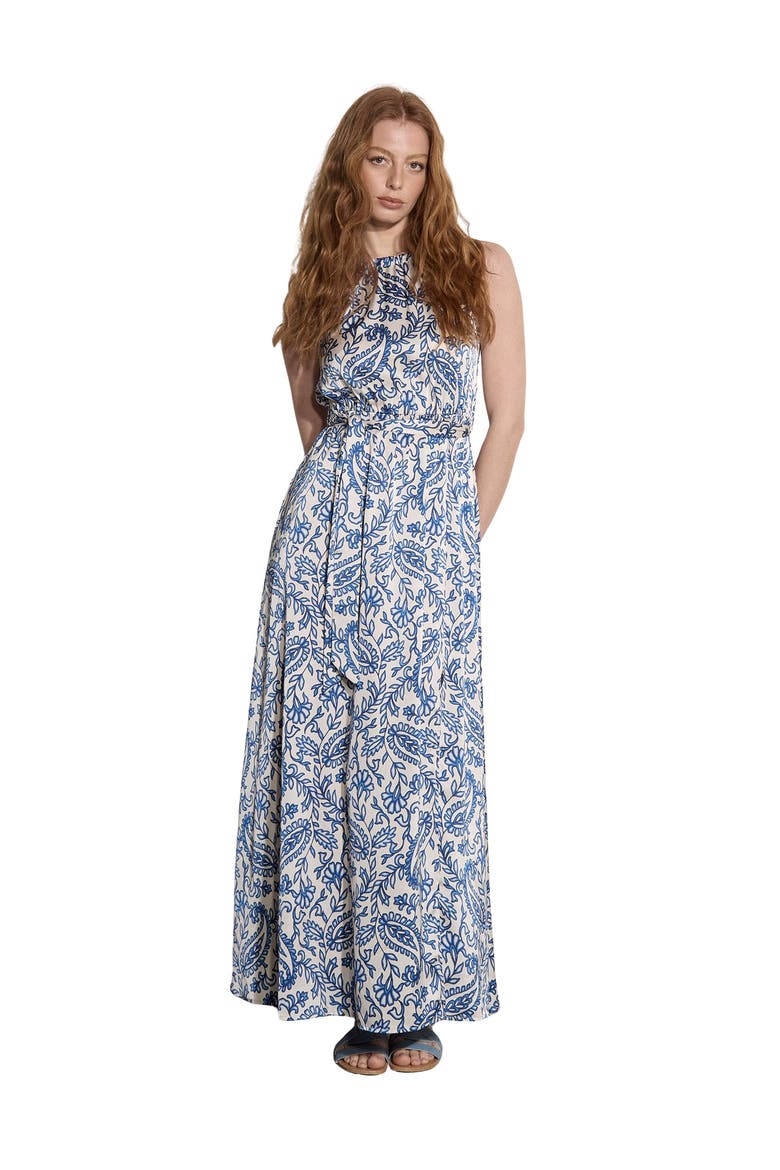 Paisley Satin Split Maxi Dress, Main, color, Blue