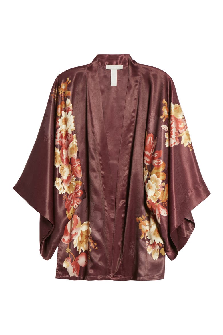 Floral Satin Open Jacket, Alternate, color, BURGUNDY MINTHE KIMONO