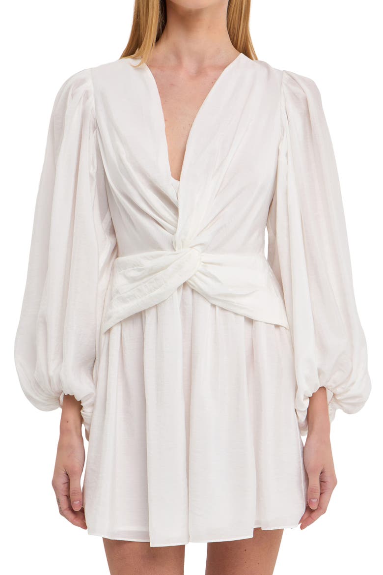 Twist Front Drape Long Sleeve Minidress, Alternate, color, WHITE