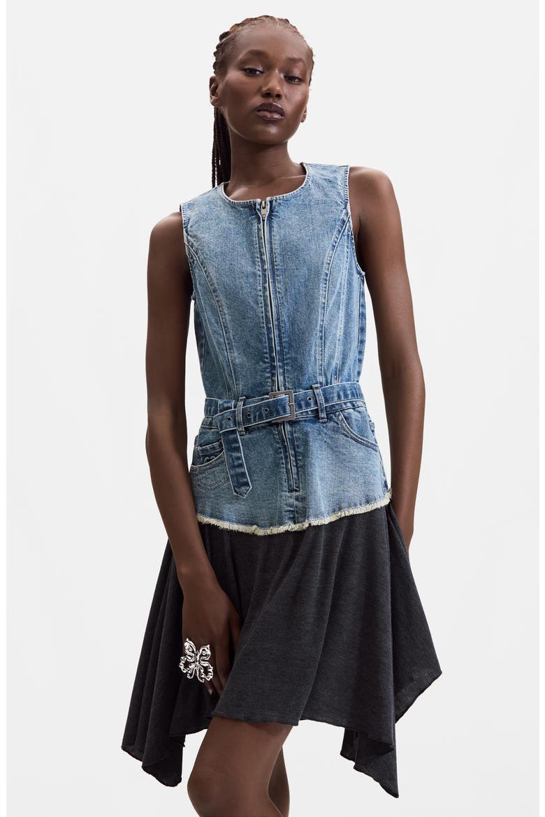 Belted Mixed Media Dress, Alternate, color, DARK BLUE