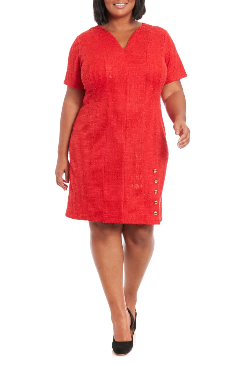 London Times Short Sleeve Side Button Bouclé Sheath Dress, Main, color, Red