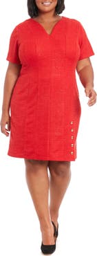London Times Short Sleeve Side Button Bouclé Sheath Dress