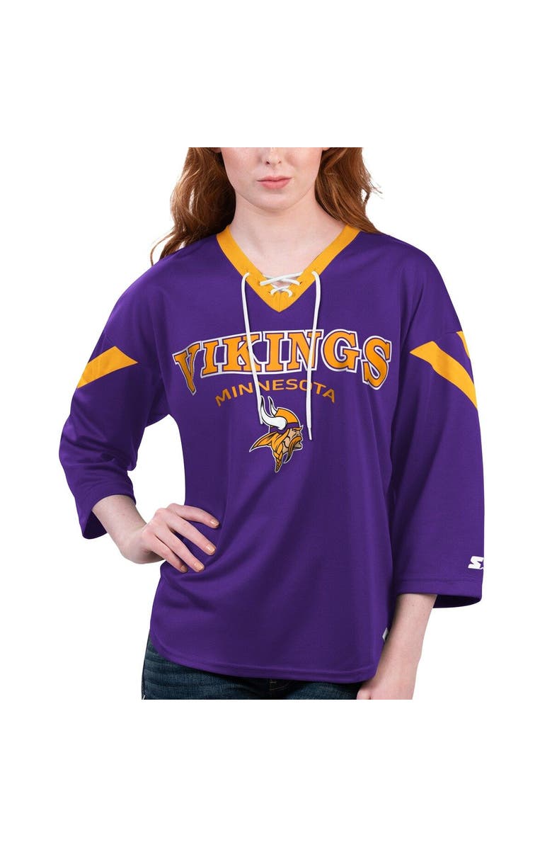 STARTER Women's Starter Purple Minnesota Vikings Rally Lace-Up 3/4 Sleeve T-Shirt, Main, color, Purple