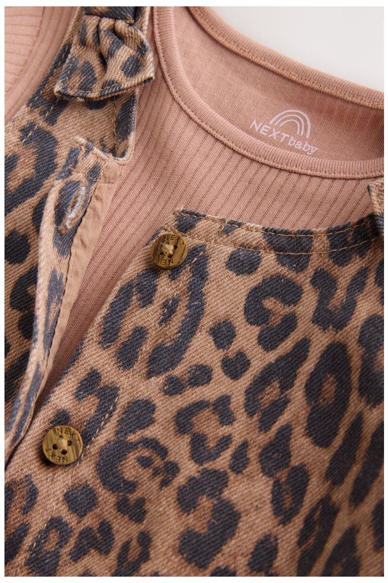 Leopard Denim Pinafore Dress, Ribbed Bodysuit & Tights Set, Alternate, color, PINK MULTI
