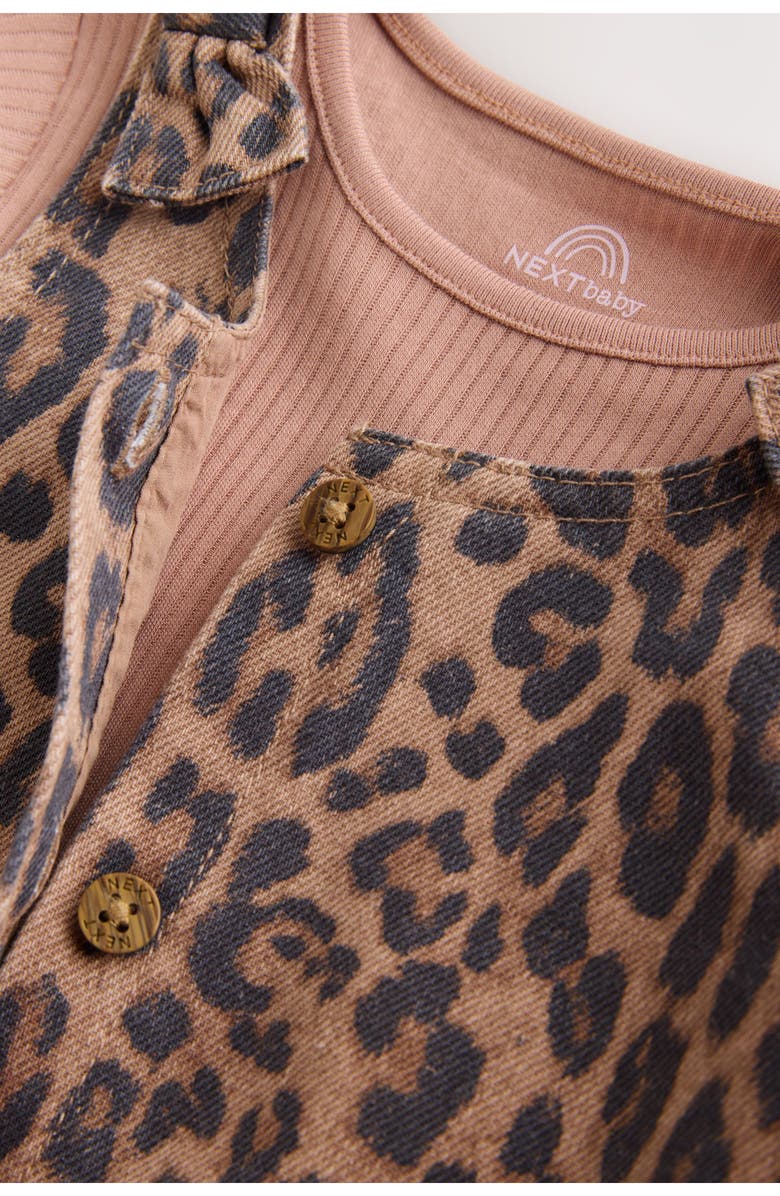 NEXT Leopard Denim Pinafore Dress, Ribbed Bodysuit & Tights Set, Alternate, color, Pink Multi
