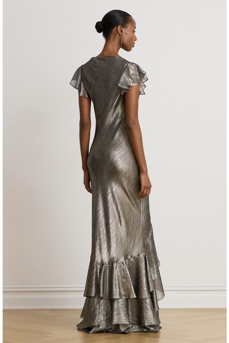 Paisley Metallic Ruffle Trim Gown, Alternate, color, GREY MULTI