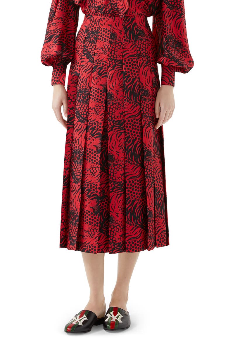 Tiger Print Pleated Silk Skirt, Main, color, RED
