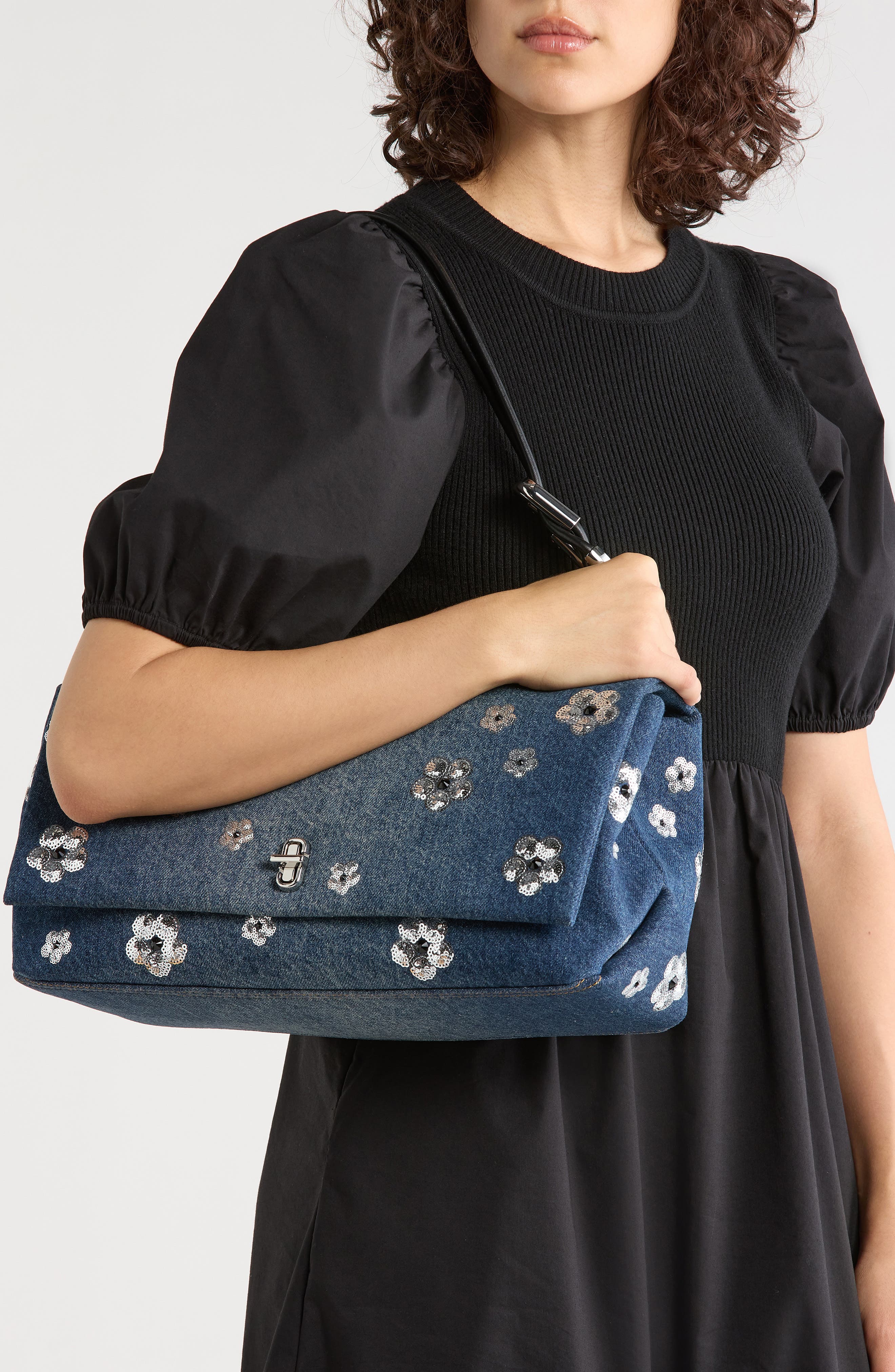 The Large Dual Sequin Flower Denim Shoulder Bag, Alternate, color, VINTAGE INDIGO