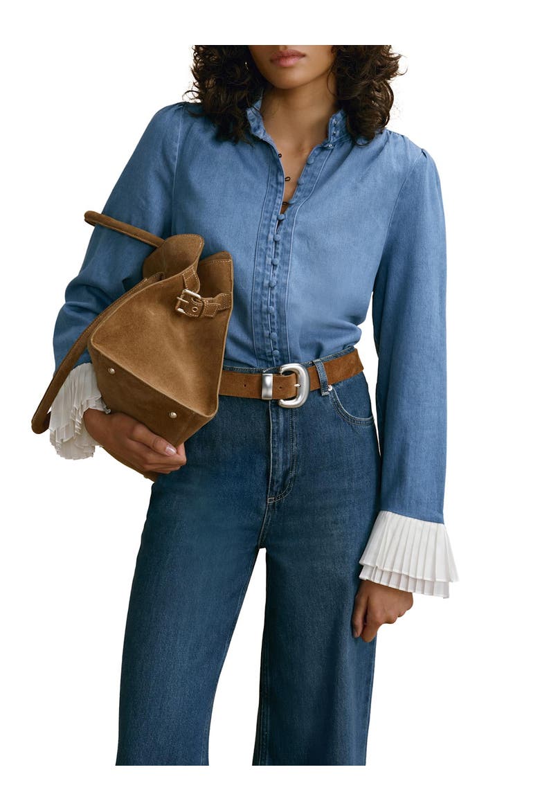 Denim Contrast Cuff Blouse, Alternate, color, Blue