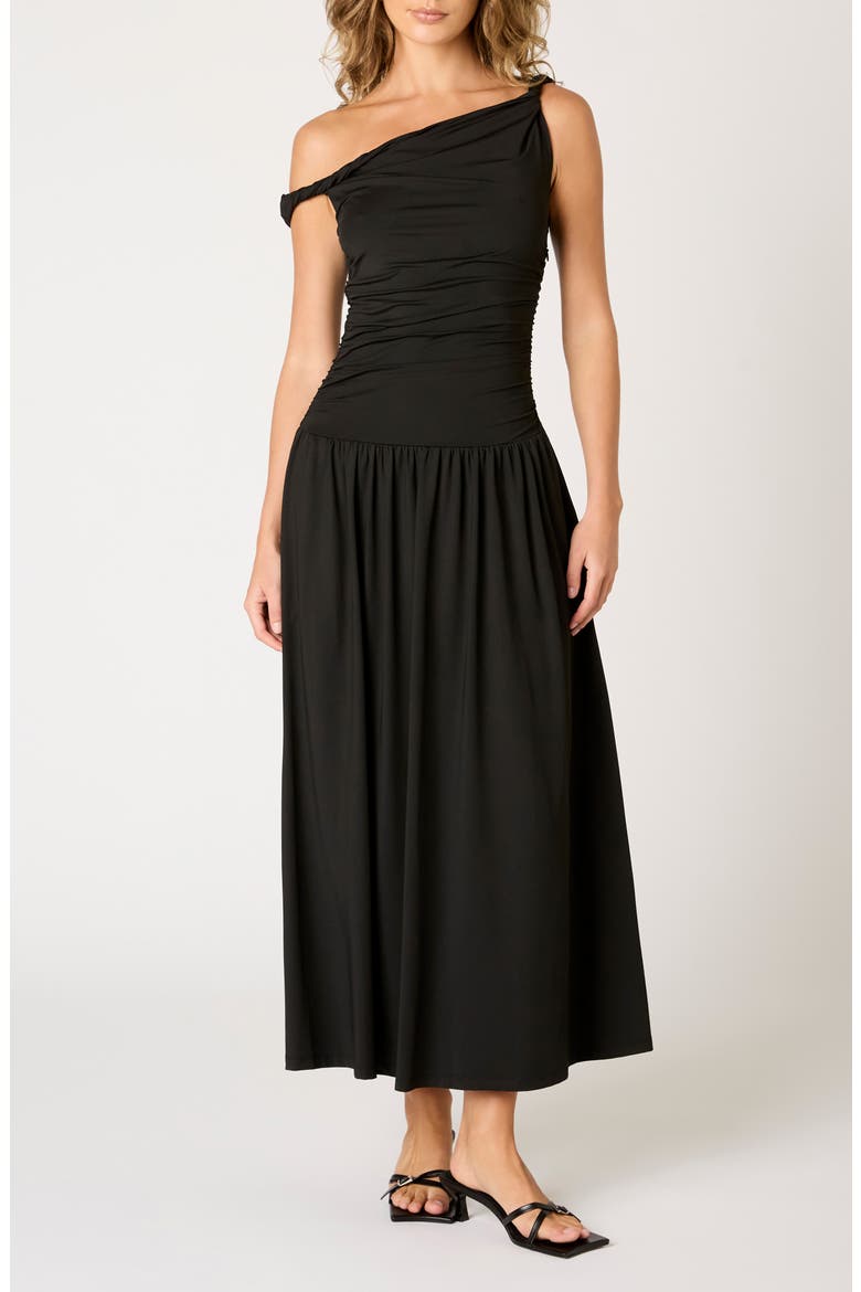 Karina Ruched One-Shoulder Maxi Dress, Main, color, BLACK