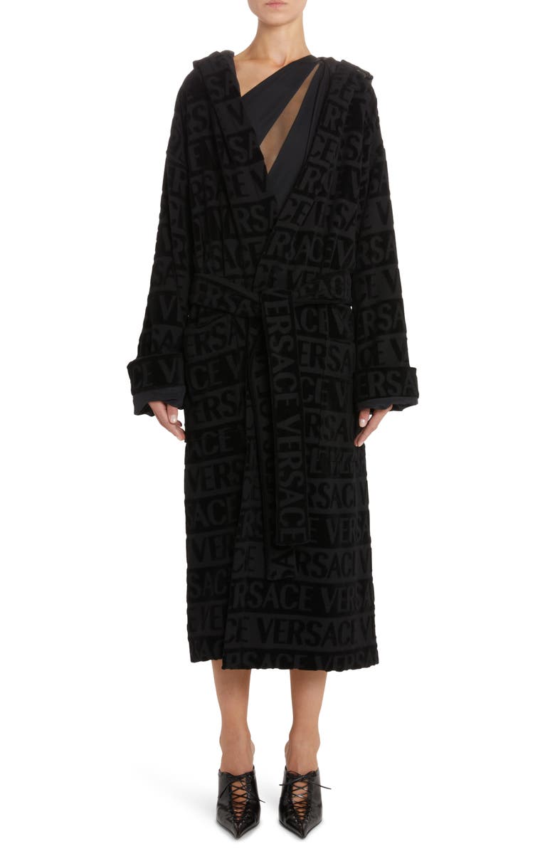 Versace Logo Print Crystal Embellished Hooded Bath Robe, Main, color,