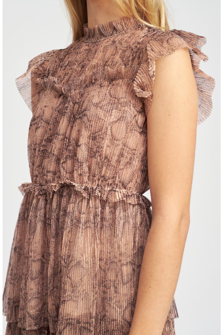 Metallic Snakeskin Print Tiered Ruffle Midi Dress, Alternate, color, ROSE GOLD