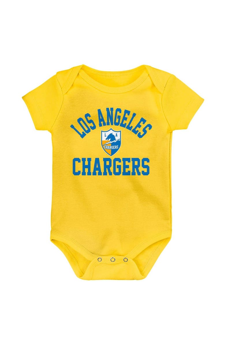 Outerstuff Newborn & Infant Gold/Powder Blue/Heather Gray Los Angeles Chargers Three-Pack Eat, Sleep & Drool Retro Bodysuit Set, Alternate, color, Gold