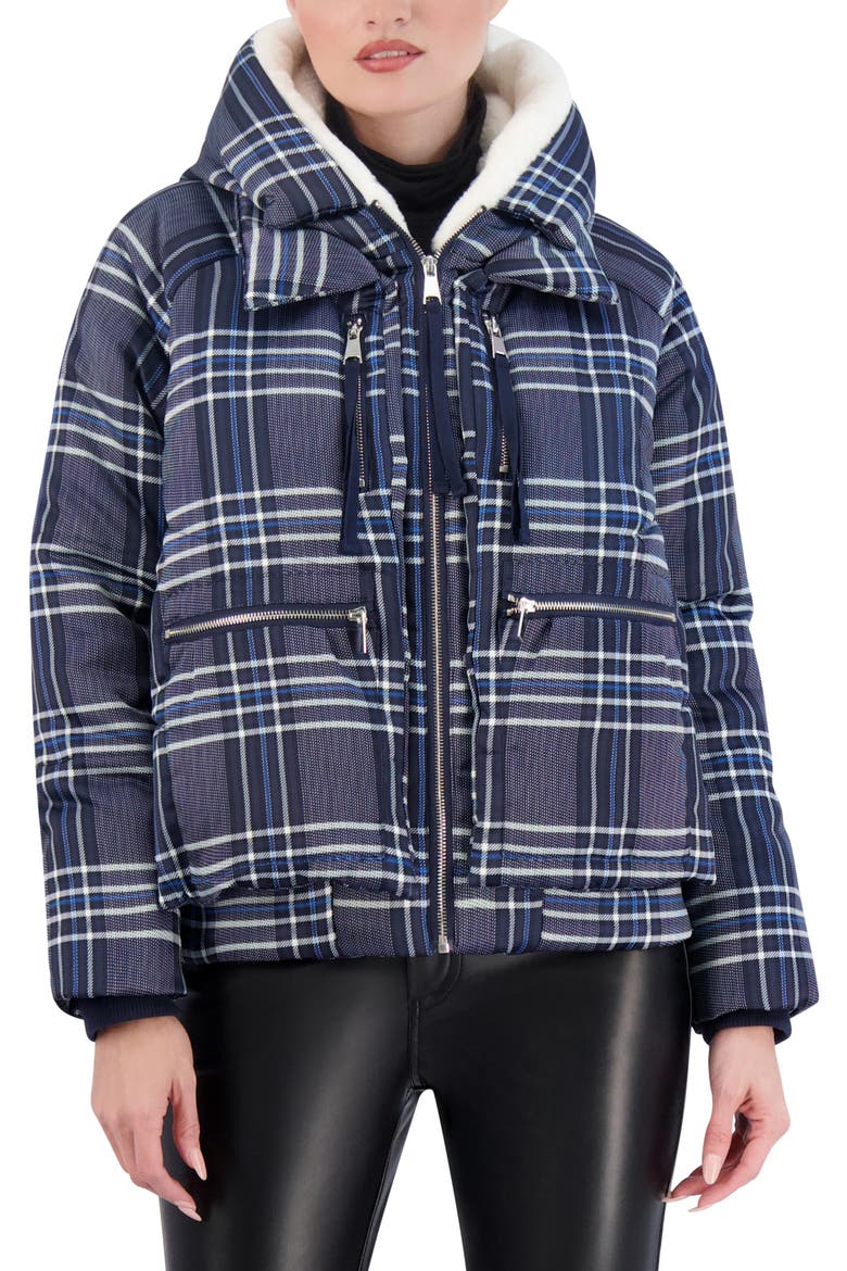 Plaid Faux Fur Lined Utility Crop Puffer Hooded Jacket, Main, color, NAVY PLAID