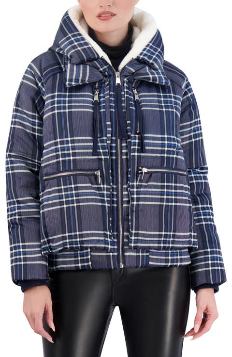 Plaid Faux Fur Lined Utility Crop Puffer Hooded Jacket
