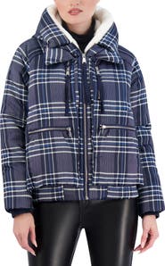 Ookie & Lala Plaid Faux Fur Lined Utility Crop Puffer Hooded Jacket
