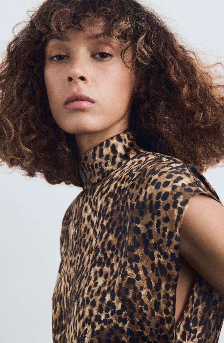 MANGO Leopard Print Satin Maxi Dress, Alternate, color, Brown