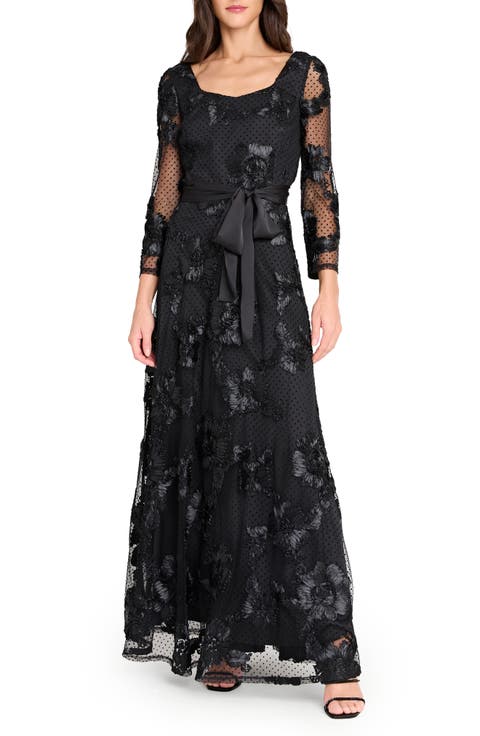 Embroidered Sheer Long Sleeve Gown