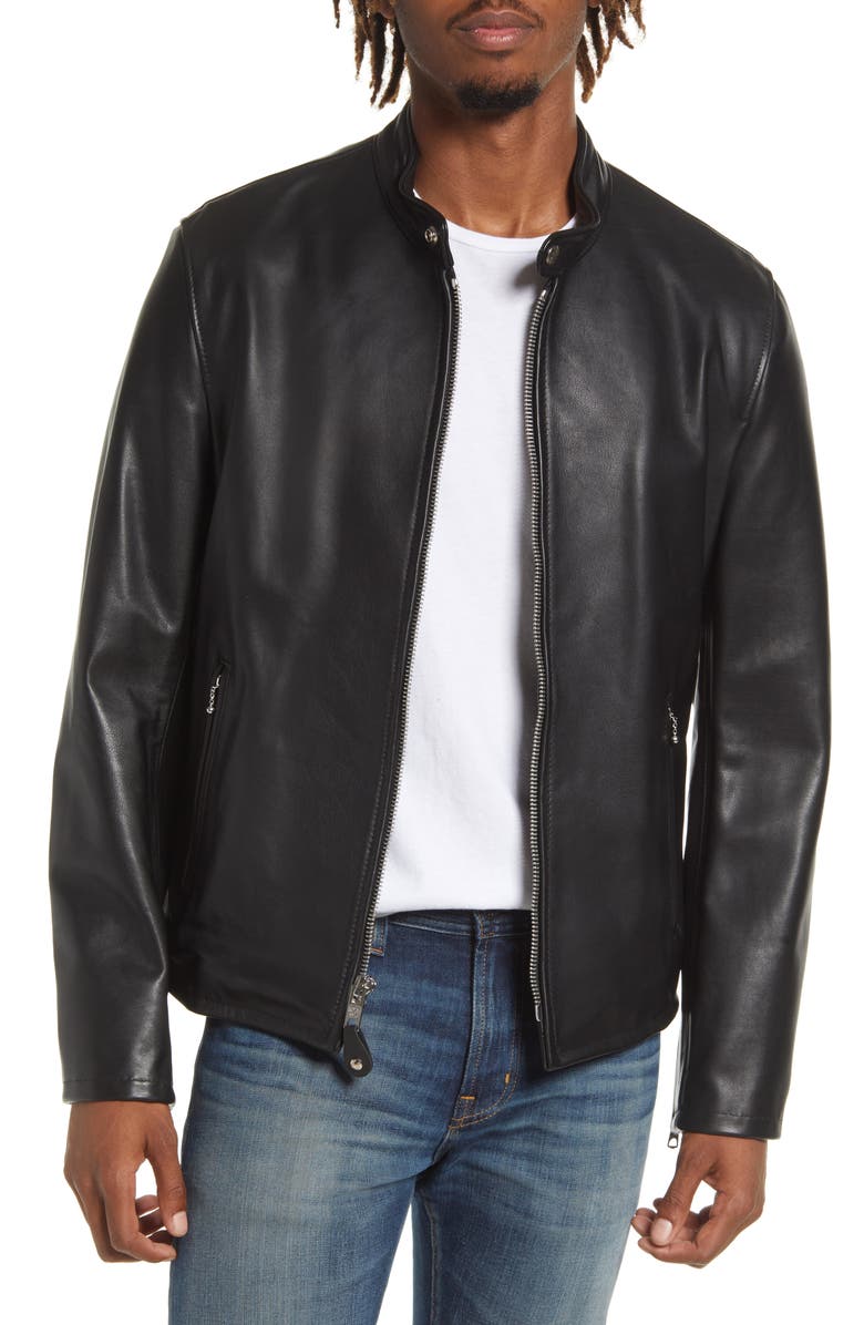 Schott NYC Café Racer Slim Fit Cowhide Leather Jacket, Main, color, Black