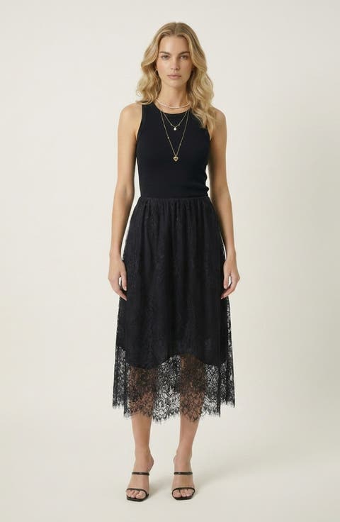Layered Lace Sheer Hem Midi Skirt