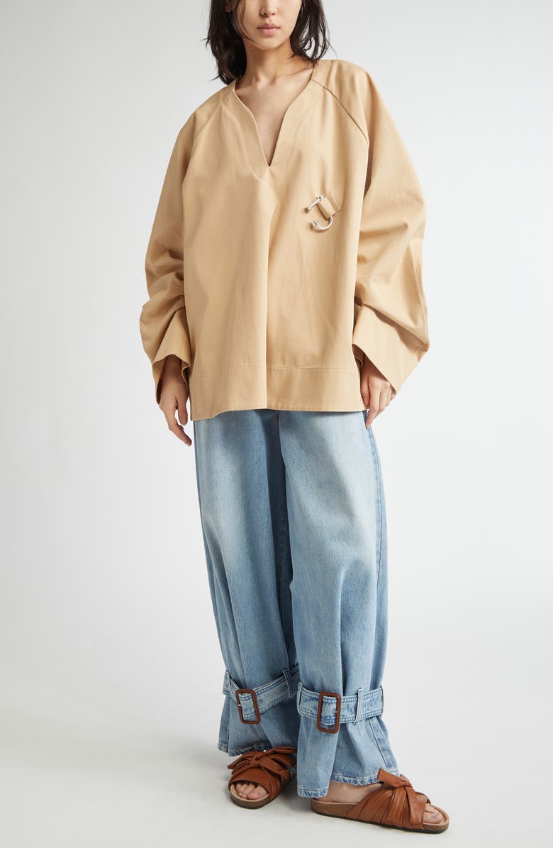 JW Anderson Oversize V-Neck Gathered Sleeve Cotton Top, Alternate, color,