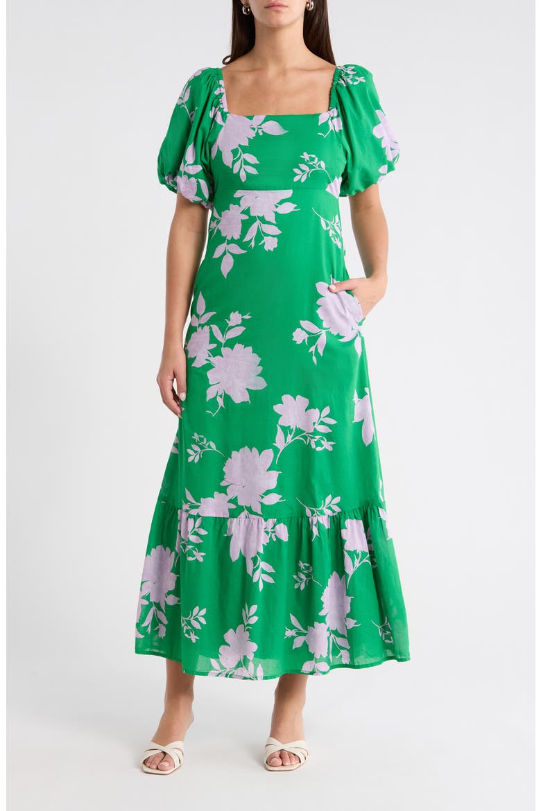 Zama Floral Xena Puff Sleeve Midi Dress, Main, color, KELLY-PINK-MULTI