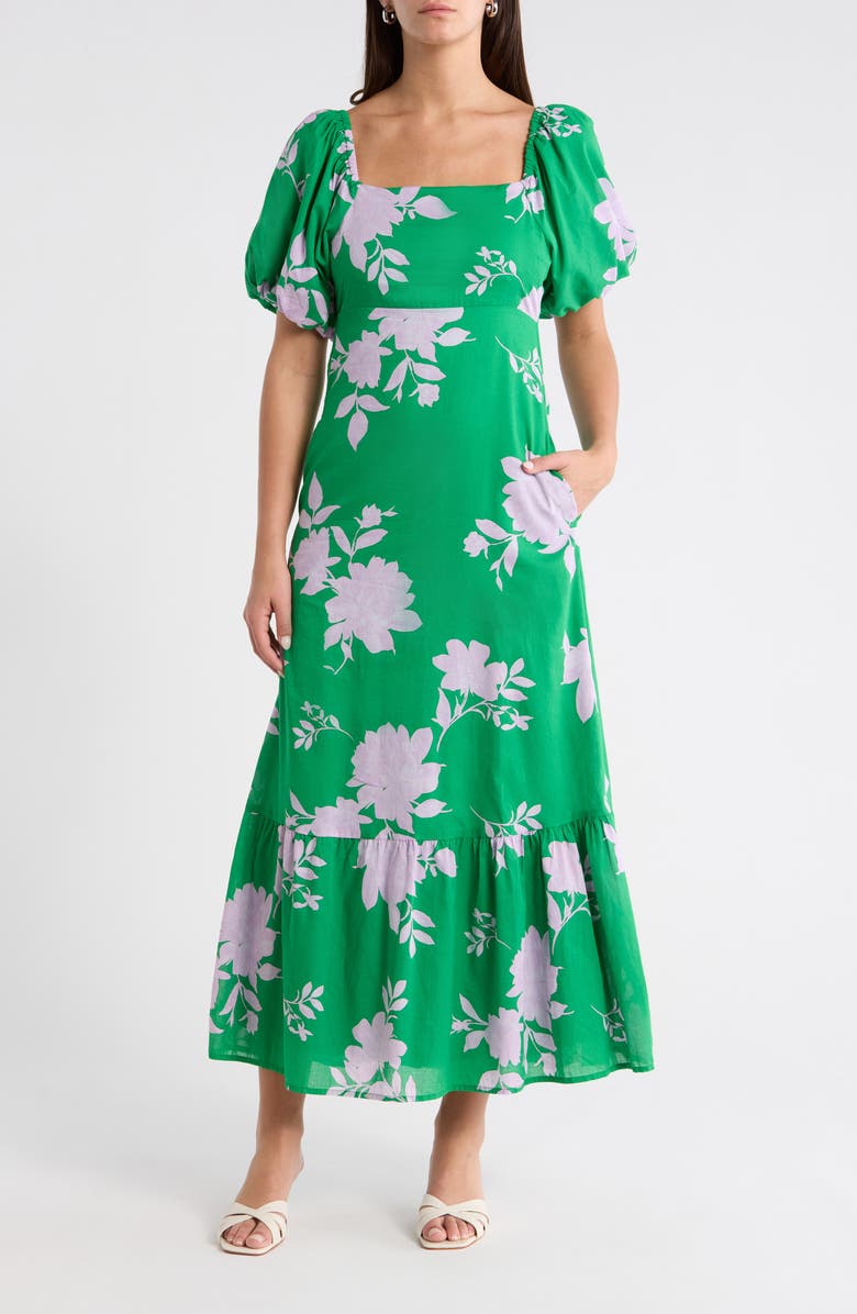SUGARLIPS Zama Floral Xena Puff Sleeve Midi Dress, Main, color, Kelly-Pink-Multi