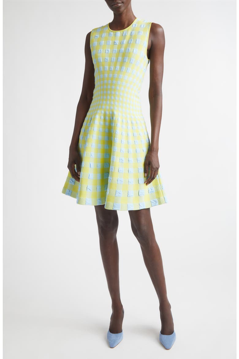 Gingham Check Jacquard Fit & Flare Sweater Dress, Main, color, CERULEAN/ PEAR