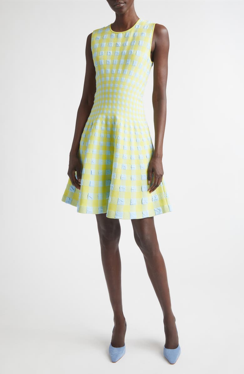 Oscar de la Renta Gingham Check Jacquard Fit & Flare Sweater Dress, Main, color, Cerulean/ Pear