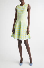 Oscar de la Renta Gingham Check Jacquard Fit & Flare Sweater Dress