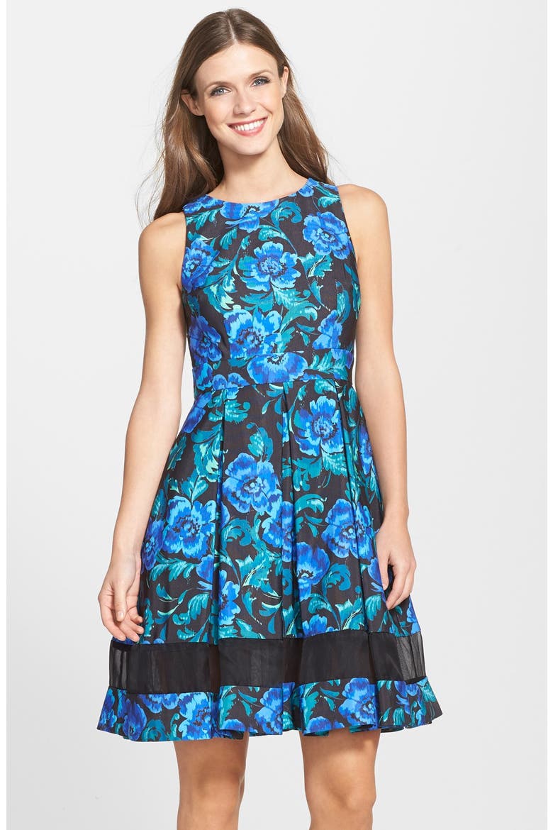Cutout Floral Print Fit & Flare Dress, Main, color, BLUE