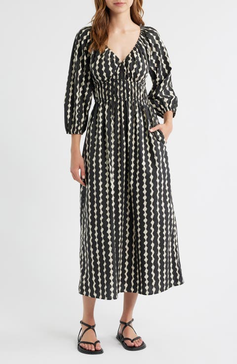 Paio Abstract Print Long Sleeve Cotton Midi Dress
