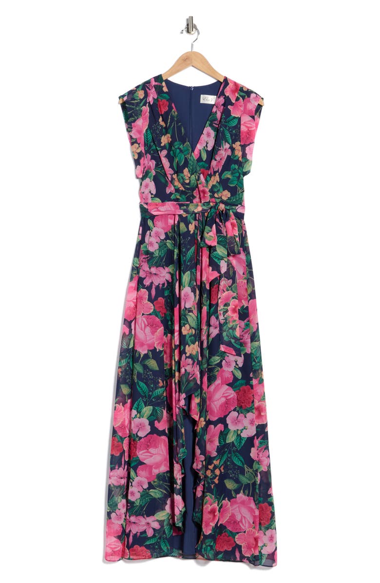 Eliza J Obi Floral Cap Sleeve High-Low Maxi Dress, Alternate, color, Navy Multi