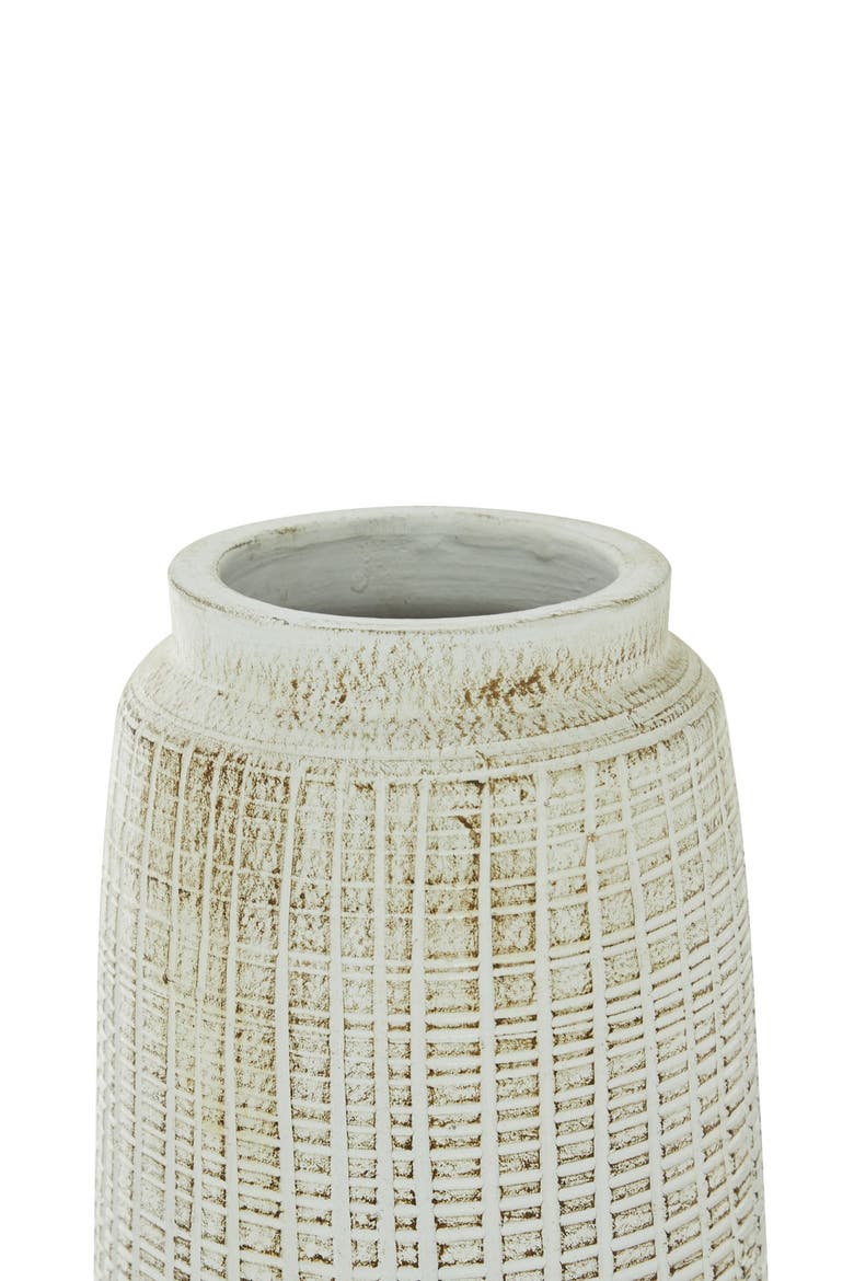White Ceramic Carved Vase with Crosshatch Design, Alternate, color, WHITE