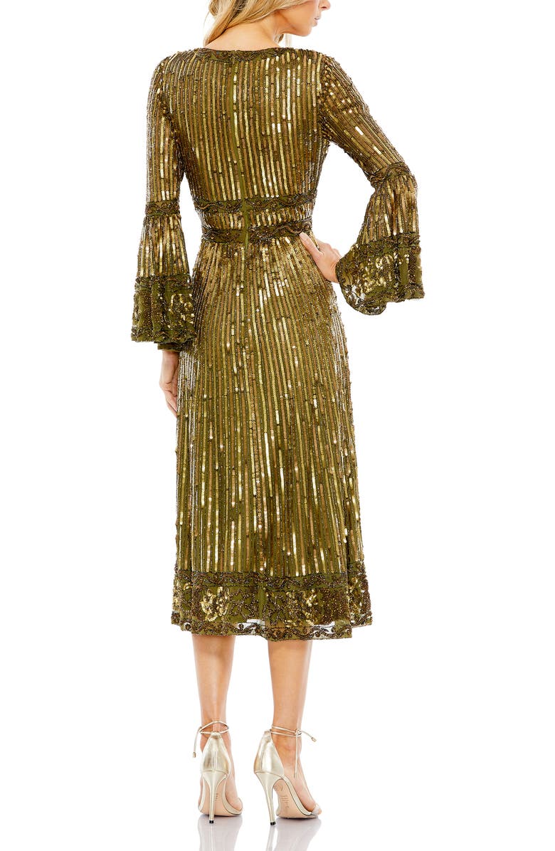 Mac Duggal Embellished 3/4 Sleeve V-Neck A-Line Dress, Alternate, color, Light Olive