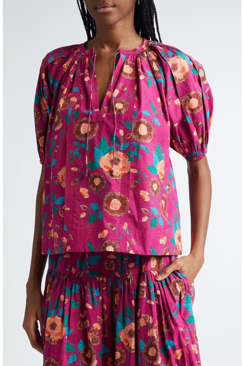 Loli Print Puff Sleeve Split Neck Cotton Top, Alternate, color, RUBY FLORA