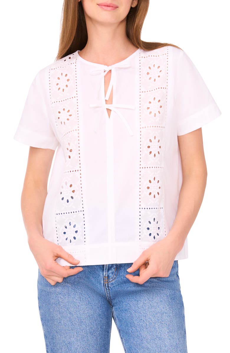 CeCe Eyelet Embroidered Tie Neck Cotton Top, Main, color, 