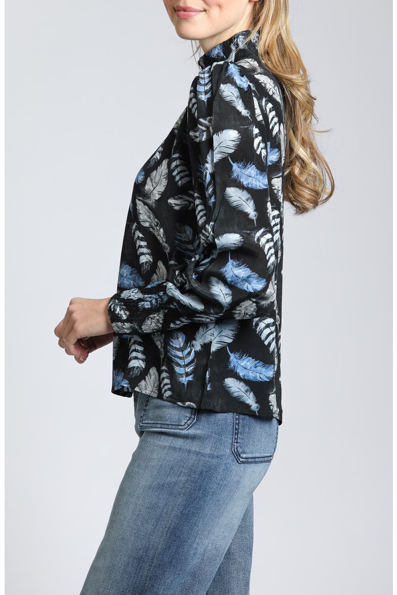 Puff Shoulder Button Front Top, Alternate, color, BLACK/BLUE MULTI