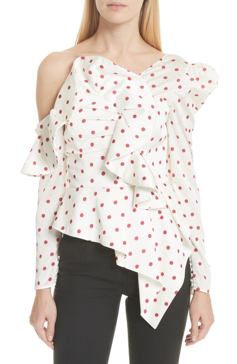 Self-Portrait Polka Dot Ruffle One-Shoulder Satin Top, Main, color,