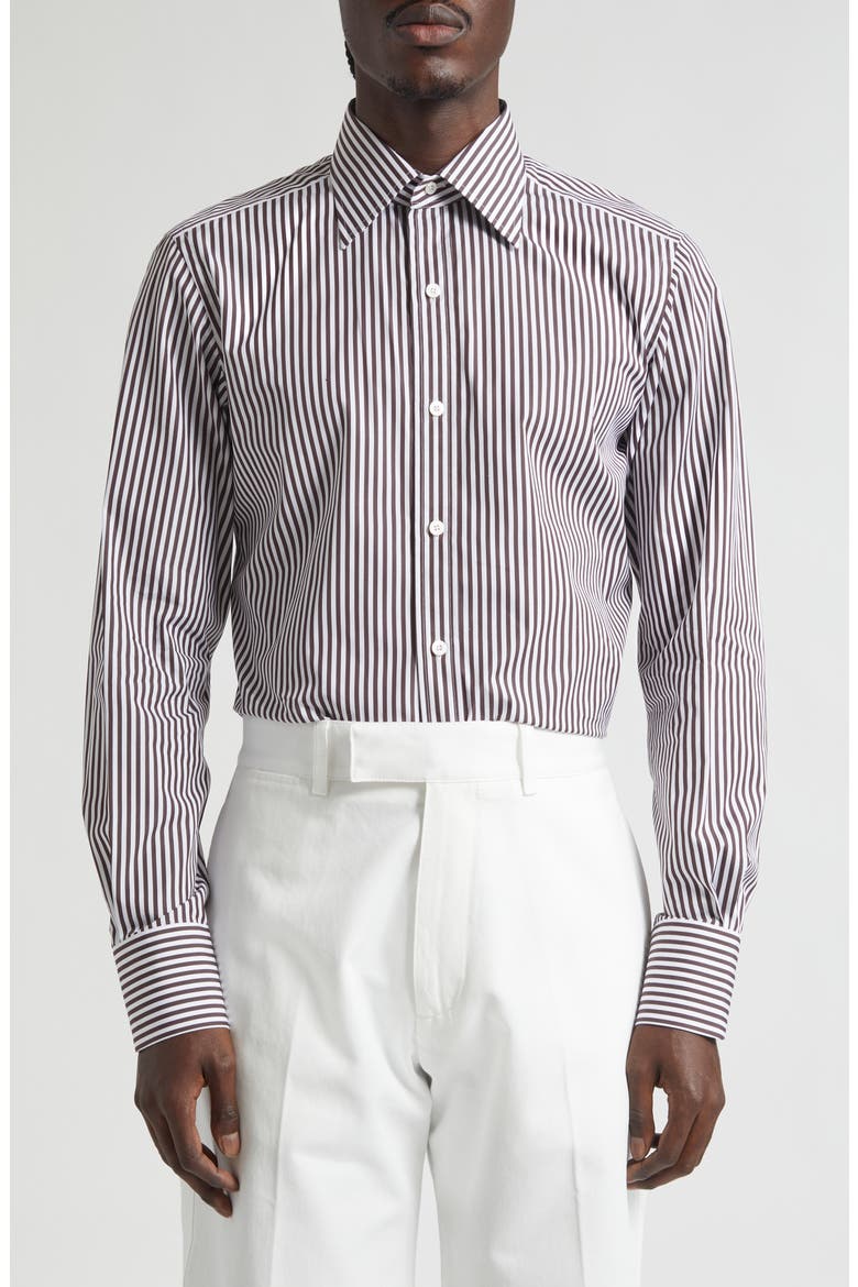Slim Fit Ladder Stripe Button-Up Shirt, Main, color, WHITE/ BROWN
