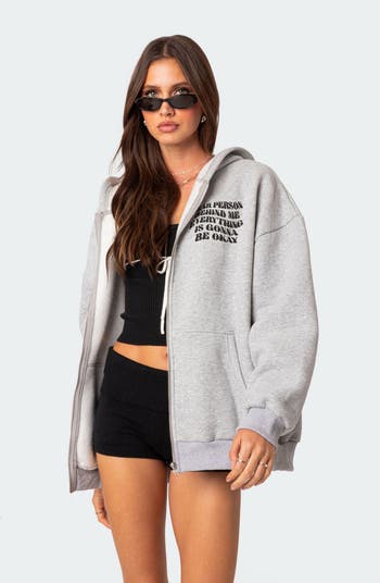 Everything's Okay Oversize Graphic Zip Hoodie