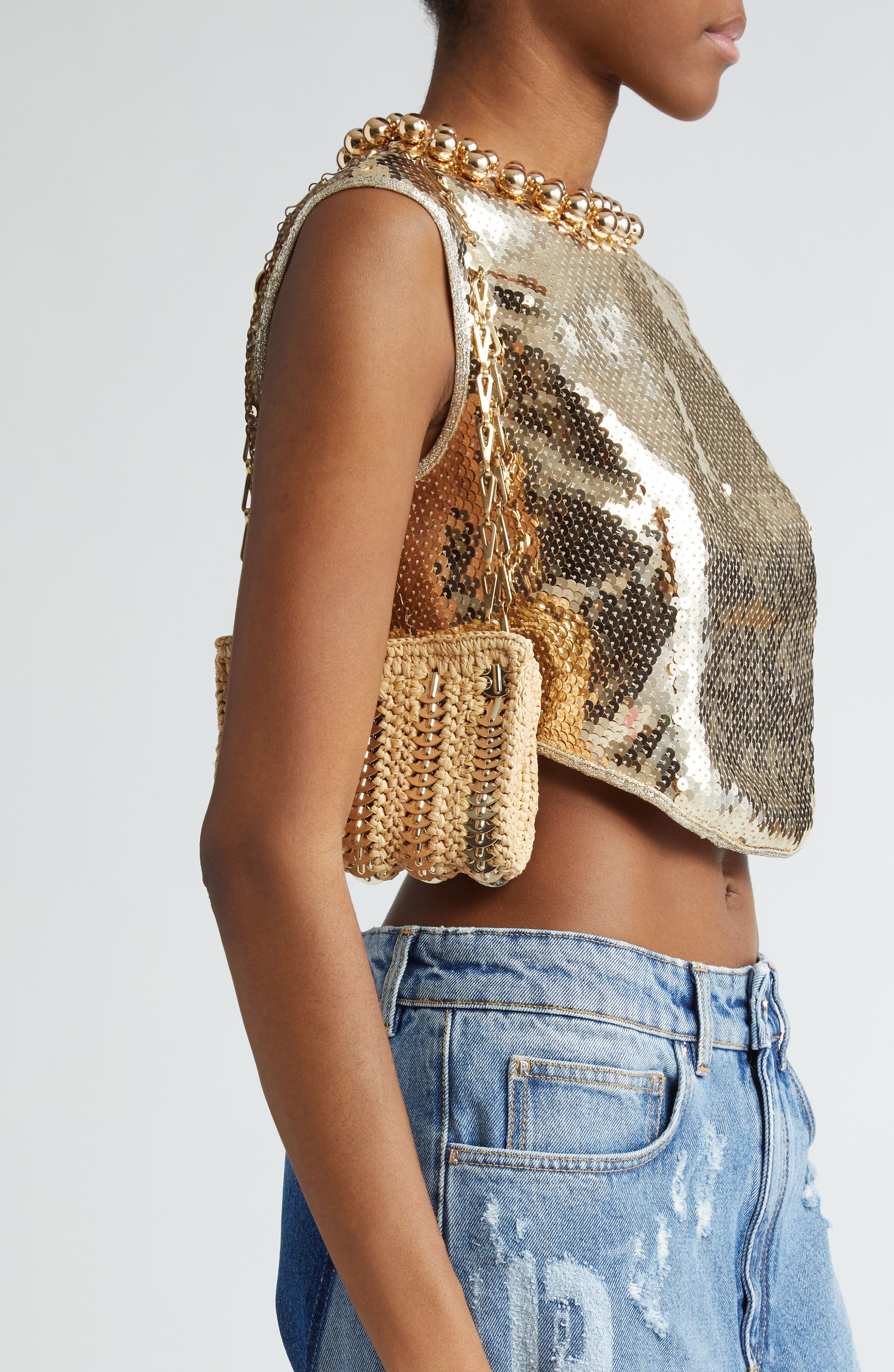 Rabanne Small 1969 Raffia Shoulder Bag, Alternate, color, 