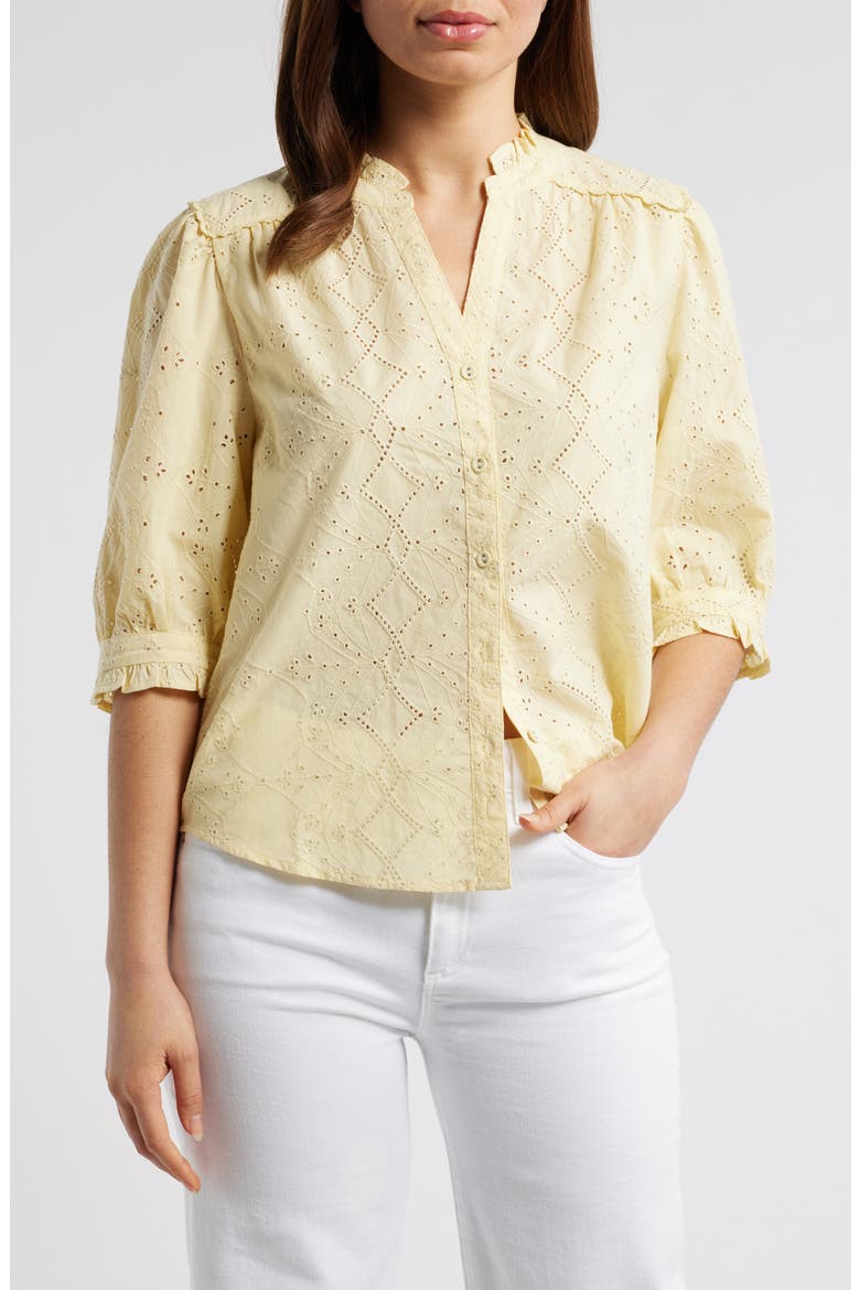 Embroidered Eyelet Button-Up Shirt, Main, color, BUTTERCREAM