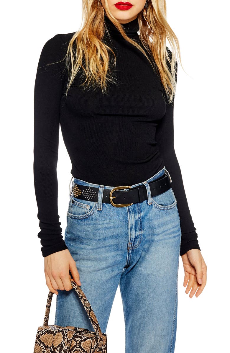 Topshop Ribbed Turtleneck Top, Main, color, 