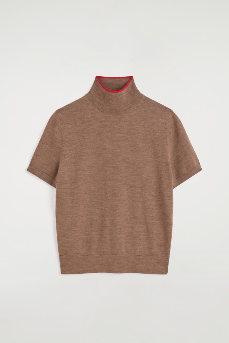 Merino Wool Turtleneck Top, Alternate, color, BEIGE MÉLANGE / RED