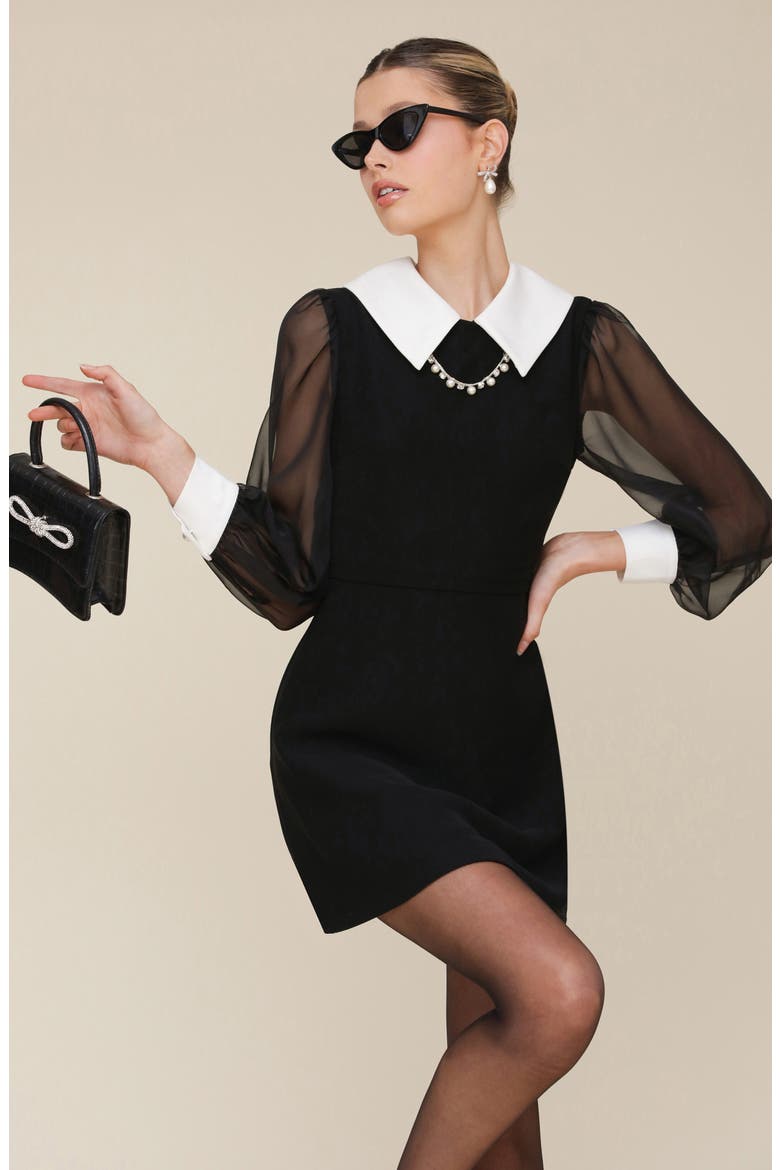 Embellished Collar Long Sleeve Minidress, Alternate, color, BLACK